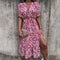 Dame Midi Kjole - Blomstret Print - V-Hals - Korte Ærmer med Flæsedetaljer - Elastisk Talje