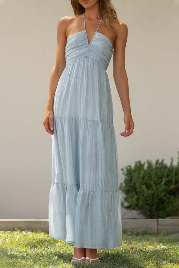 Dame Kjole – Halterneck – Rynket Overdel – Flowy Lagdelt Midi Nederdel