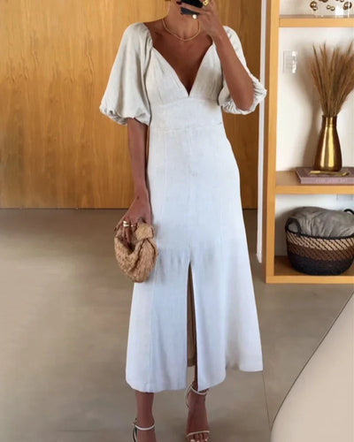 Elegant Midi Kjole | Pufærmer | Feminint Snit