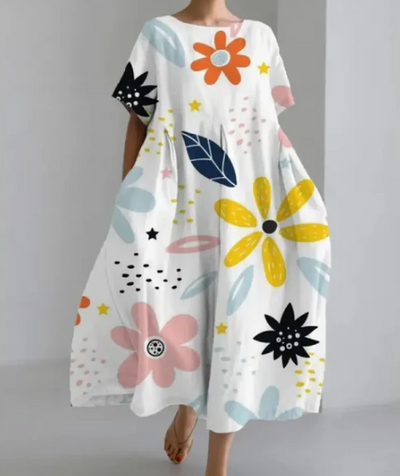 Dame Kjole - Løs Pasform - Letvægtsstof - Rund Hals - Korte Ærmer - Blomstermønstret