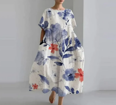 Dame Kjole - Løs Pasform - Letvægtsstof - Rund Hals - Korte Ærmer - Blomstermønstret
