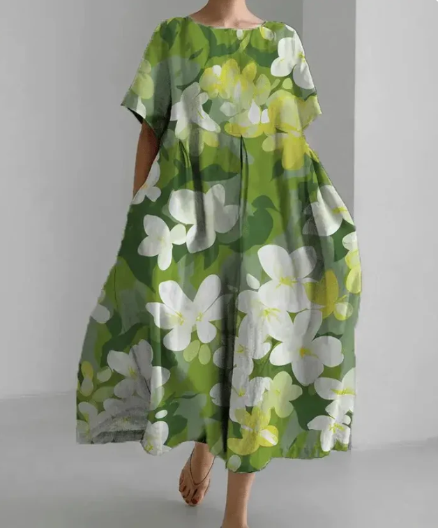 Dame Kjole - Løs Pasform - Letvægtsstof - Rund Hals - Korte Ærmer - Blomstermønstret