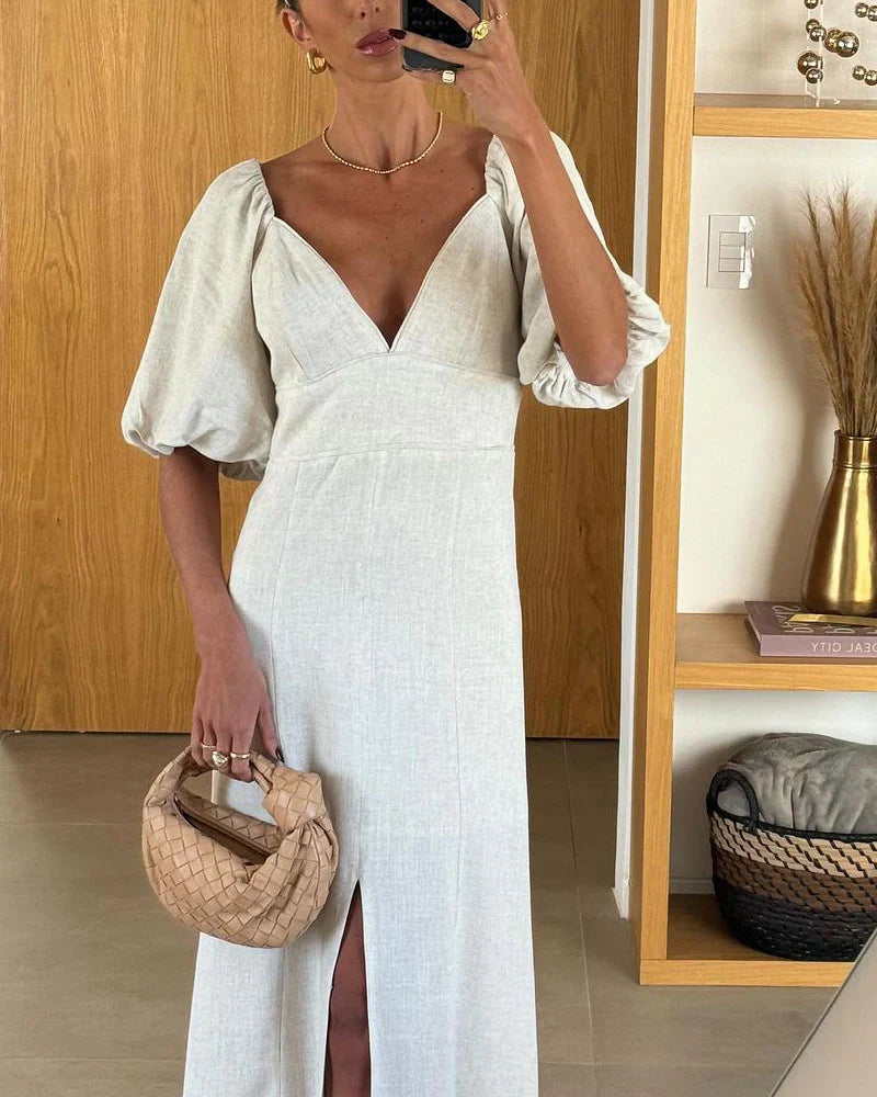 Elegant Midi Kjole | Pufærmer | Feminint Snit