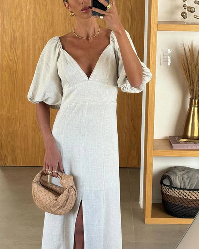 Elegant Midi Kjole | Pufærmer | Feminint Snit