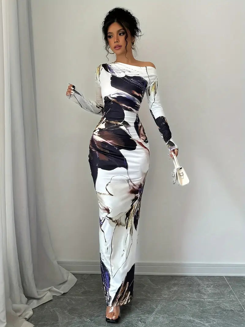 Dame Maxi Kjole - Langærmet - Off-Shoulder - Tætsiddende - Elegant Mønster