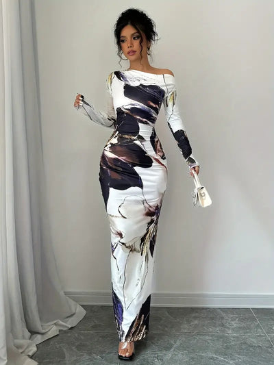 Dame Maxi Kjole - Langærmet - Off-Shoulder - Tætsiddende - Elegant Mønster
