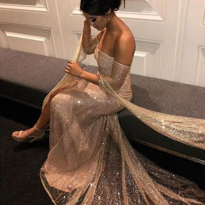 Kvinder Aftenkjole - Skinnende Stof - Figursyet - Off-Shoulder - Høj Slids