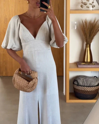 Elegant Midi Kjole | Pufærmer | Feminint Snit