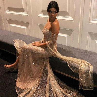 Kvinder Aftenkjole - Skinnende Stof - Figursyet - Off-Shoulder - Høj Slids