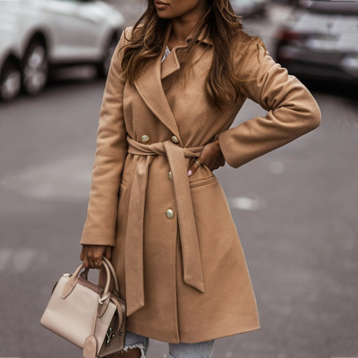 ANNA khakihvid mellemlang trenchcoat i uld