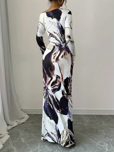 Dame Maxi Kjole - Langærmet - Off-Shoulder - Tætsiddende - Elegant Mønster
