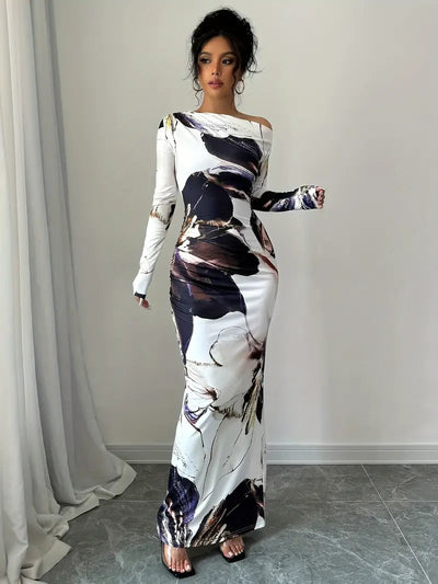 Dame Maxi Kjole - Langærmet - Off-Shoulder - Tætsiddende - Elegant Mønster