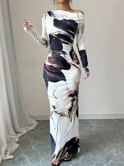 Dame Maxi Kjole - Langærmet - Off-Shoulder - Tætsiddende - Elegant Mønster