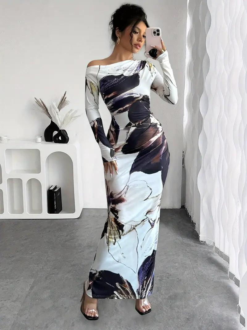 Dame Maxi Kjole - Langærmet - Off-Shoulder - Tætsiddende - Elegant Mønster