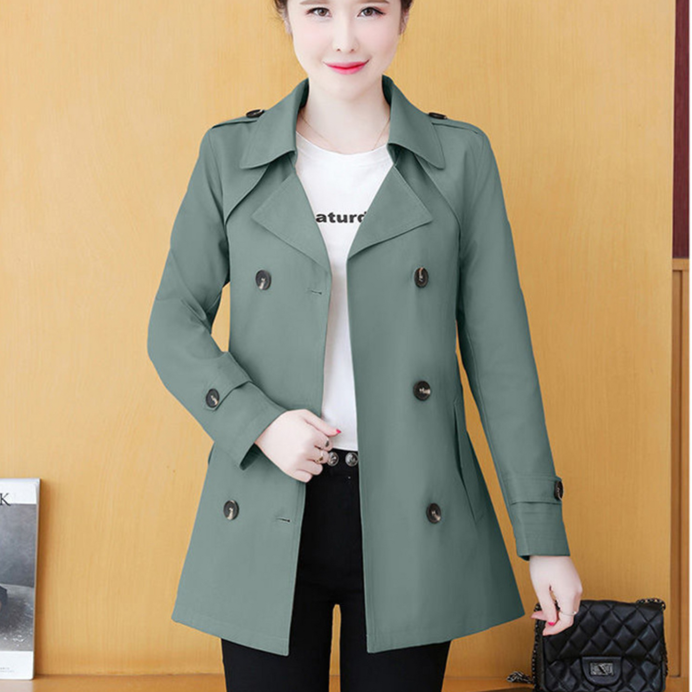 ANNA Koreansk mode Casual mid-long dobbeltradet trenchcoat