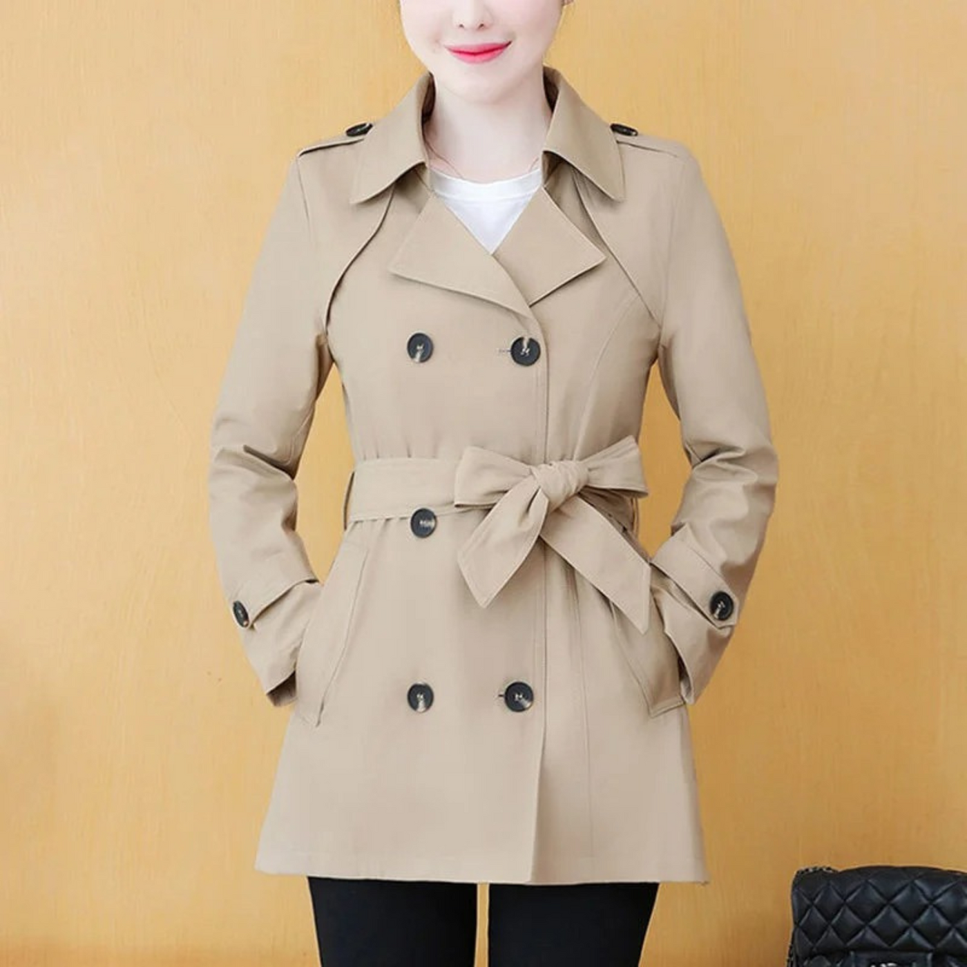 ANNA Koreansk mode Casual mid-long dobbeltradet trenchcoat