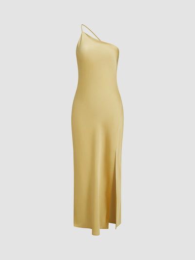 Dame Lang Kjole - Silke - One-Shoulder - Høj Slids - Elegant Festlook