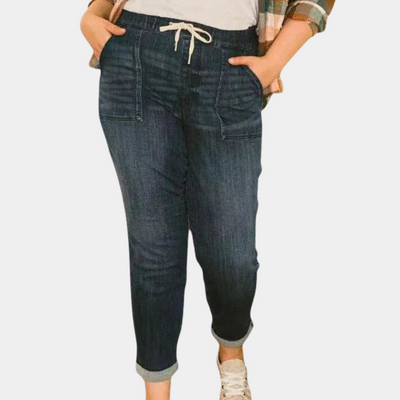 Dame Jeans - Højtaljet - Lige Ben - Justerbar Talje med Snøre - Komfortabel Pasform