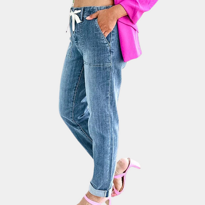 Dame Jeans - Højtaljet - Lige Ben - Justerbar Talje med Snøre - Komfortabel Pasform