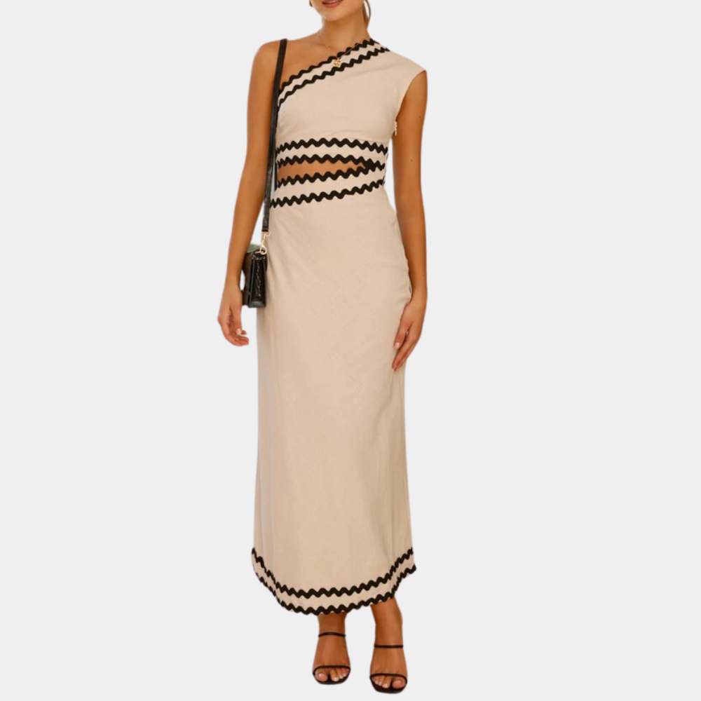 Dame Maxikjole – Asymmetrisk One-Shoulder – Udsmykket Med Kontrastkant – Elegant Snit