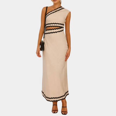 Dame Maxikjole – Asymmetrisk One-Shoulder – Udsmykket Med Kontrastkant – Elegant Snit
