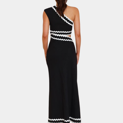Dame Maxikjole – Asymmetrisk One-Shoulder – Udsmykket Med Kontrastkant – Elegant Snit