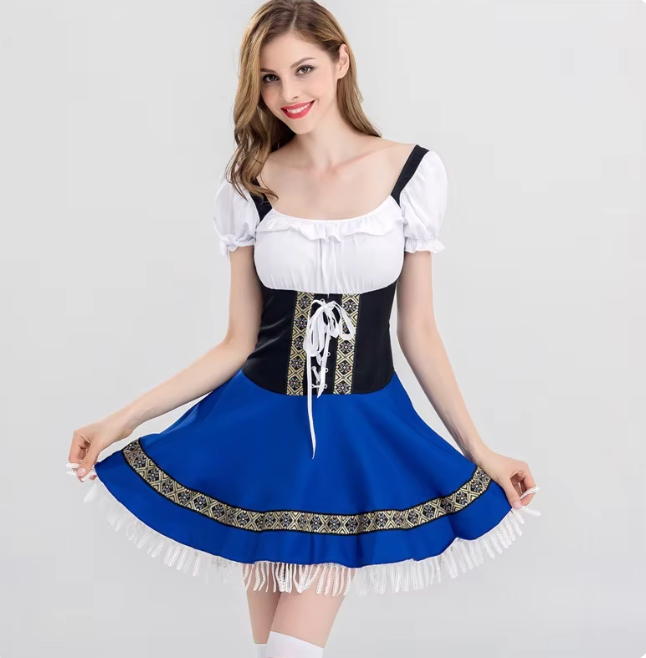 Oktoberfest kostume til kvinder | Traditionel bayersk dirndl med forklæde og blonde dekoration | Drudaxe