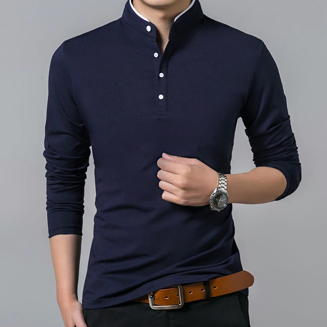 Herreskjorte - Slim Fit - Mandarin Krave - Langærmet - Halv Knaplukning