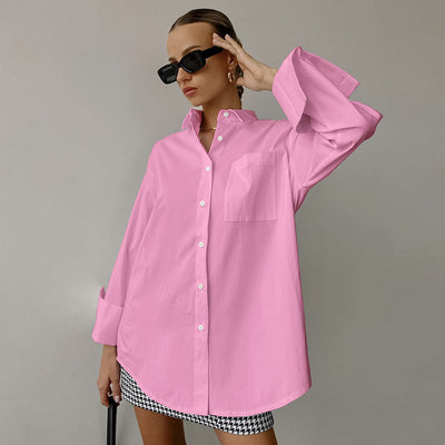 Dame Skjorte – Oversize Pasform – Bomuldsblanding – Lange Ærmer – Knaplukning