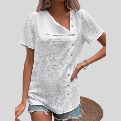 Dame Bluse - Asymmetrisk Design - V-Hals - Korte Ærmer - Dekorative Knapper
