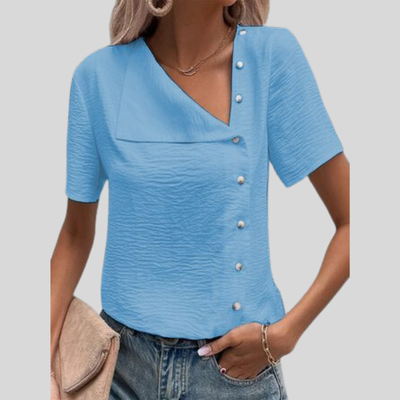 Dame Bluse - Asymmetrisk Design - V-Hals - Korte Ærmer - Dekorative Knapper