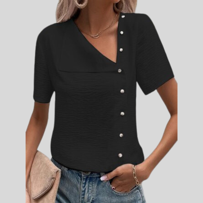 Dame Bluse - Asymmetrisk Design - V-Hals - Korte Ærmer - Dekorative Knapper