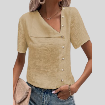 Dame Bluse - Asymmetrisk Design - V-Hals - Korte Ærmer - Dekorative Knapper