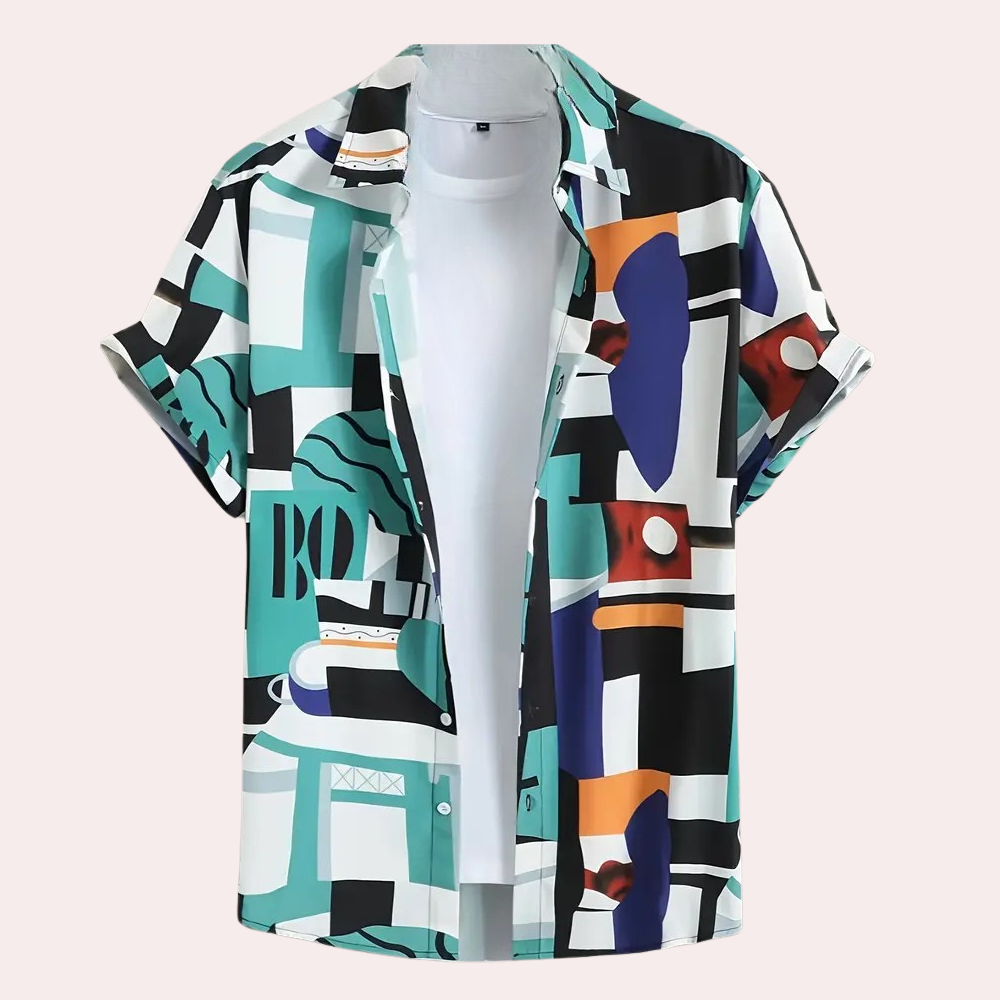 Herre Skjorte - Korte Ærmer - Regular Fit - Geometrisk Mønster - Åndbart Casual Look