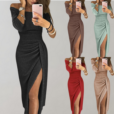 Elegant Glitterkjole med Slids | Polyester | Festlig & Glamourøs