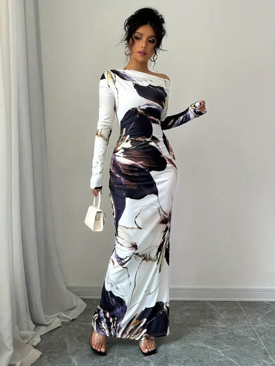 Dame Maxi Kjole - Langærmet - Off-Shoulder - Tætsiddende - Elegant Mønster