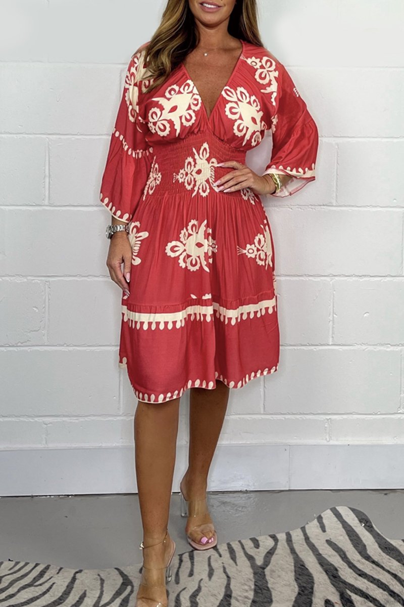 Arely Bohemian Midi-kjole med V-hals og print
