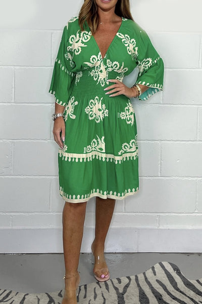 Arely Bohemian Midi-kjole med V-hals og print