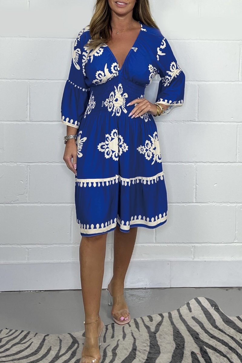 Arely Bohemian Midi-kjole med V-hals og print