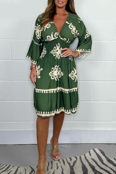 Arely Bohemian Midi-kjole med V-hals og print