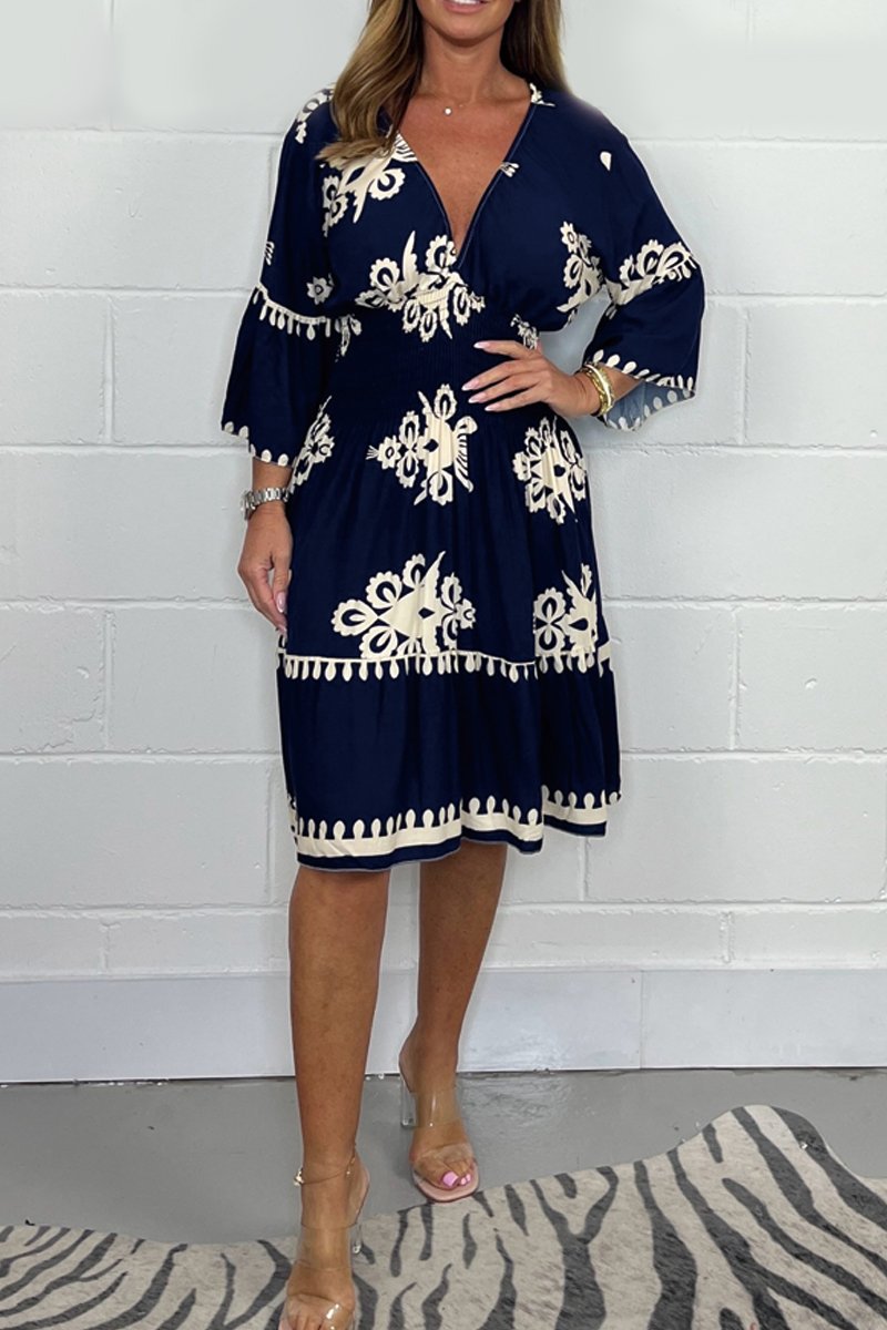 Arely Bohemian Midi-kjole med V-hals og print