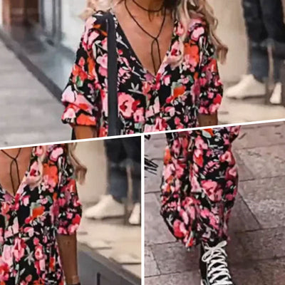 AntonioDeLuca Floral Flowy Kjole med V-hals